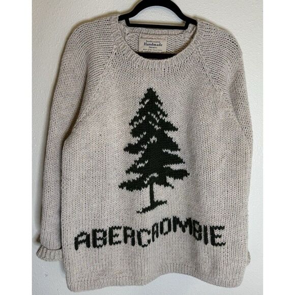 Abercrombie Fitch Handknit Christmas Tree Wool Sweater Vintage